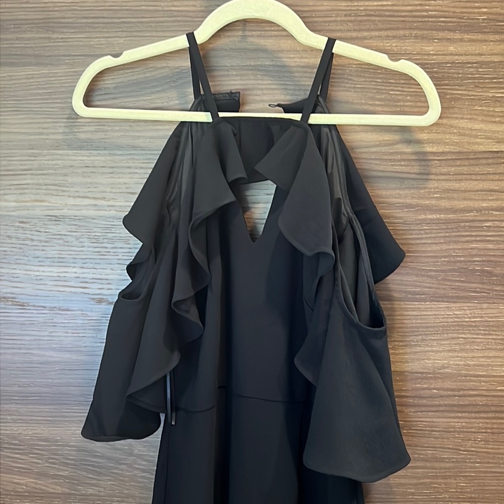Trina Turk gown, cold shoulder, ruffles, black, size 2